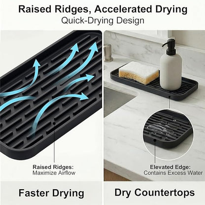 Silicone Organizer Tray, Soap and Sponge Holder for Kitchen Sink, Bathroom - Storage Tray for Dish Brush, Soap Dispenser, Dishwashing Accessories-(Black 1 Pack, 12"x4.7")