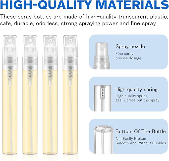 Mini Spray Bottle, Clear Plastic Empty Sample Containers, Fine Mist Perfume Travel Refillable Spray Bottle Perfume Atomizer Small Portable Bottle for Cleaning, Travel, Essential Oils (60, 5ml)