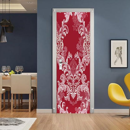 A.Monamour 3D Door Stickers for Interior Doors Damask Pattern of Flowers and Leaves in Red Color Vinyl Waterproof Self Adhesive Door Mural Decals for Bedroom Office Bathroom 85x215cm