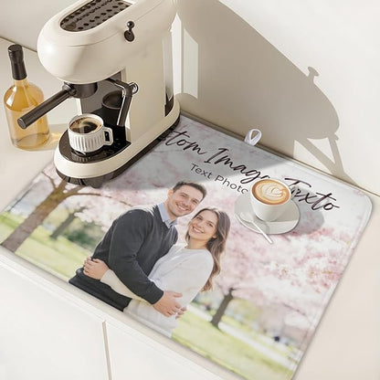 Custom Personalized Dish Drying Mat for Kitchen Counter,Customized Drying Mats with Picture Text Image 18 x 24 Inch with High Absorbent Microfiber Drainer Mat for Coffee Bar