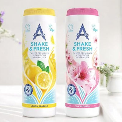 Astonish Shake Fresh Carpet Powder Bundle, 350g Pink Peony & 350 g Lemon Sparkle Odor Eliminator - Pet Safe Vacuum Deodorizer, Dual Scent Home Refresher, Floor Cleaner, Long Lasting Room Fragrance
