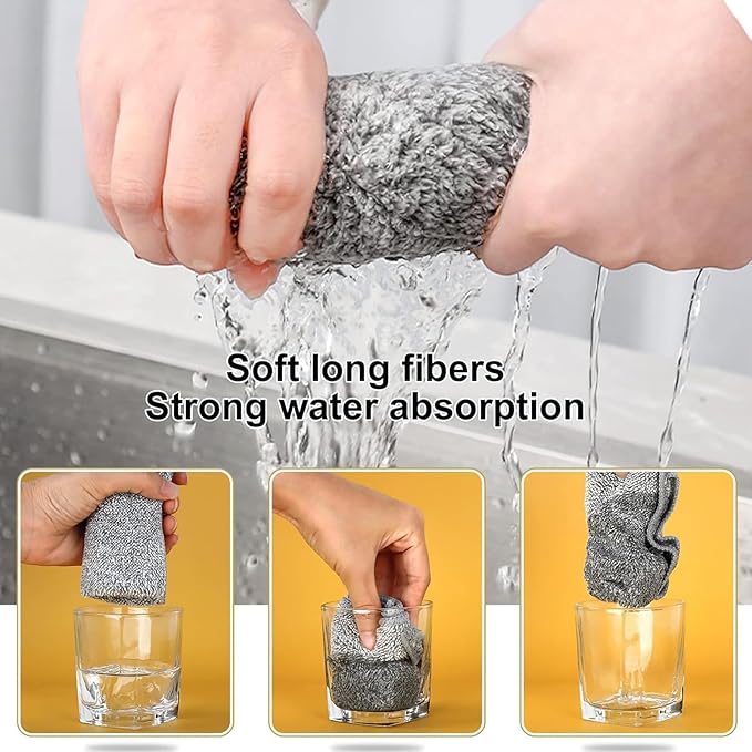 3 Pcs New Upgrade Non Scratch Wire Dishcloth, 2-Layer Super Absorbent Bamboo Charcoal Dish Cloths, Reusable Multipurpose Wire Dishwashing Rags for Wet and Dry for Dishes, Sinks, Stove