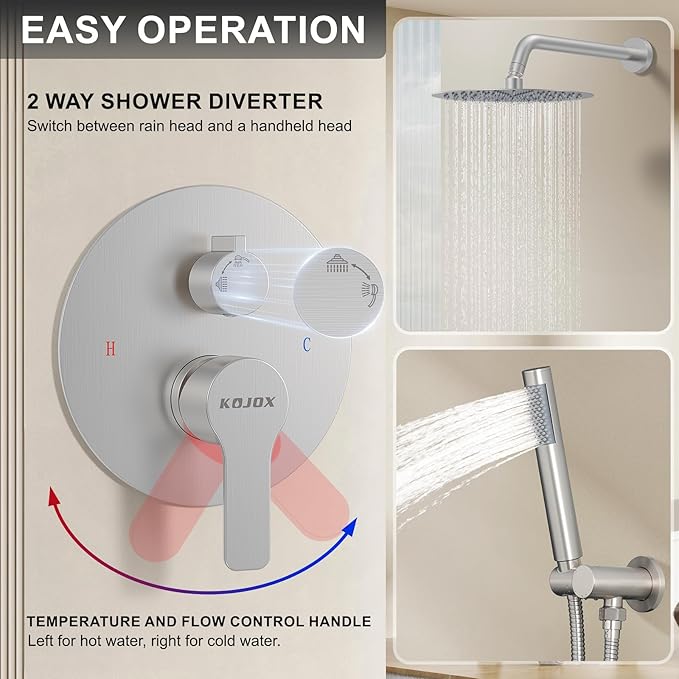 KOJOX 10 Inch Brushed Nickel Shower System with High Pressure Rain Shower Head, Handheld Shower Head, Bathroom Mixer Shower Set Wall Mounted Shower Faucet Rough-in Valve and Trim Kit