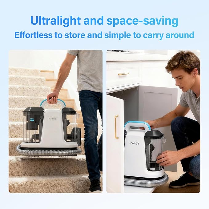 Portable Carpet & Upholstery Spot Cleaner, Compact Strong-Suction Machine with Scrubbing Brush, Removes Pet Stains, Spills & Dirt from Furniture, Stairs, Rugs, Mattresses & Car Interiors