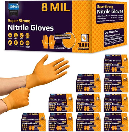 Inspire Heavy Duty Orange Nitrile Gloves | ULTRA 8 Mil Diamond Textured Grip | Industrial Mechanic Disposable Cleaning Gloves