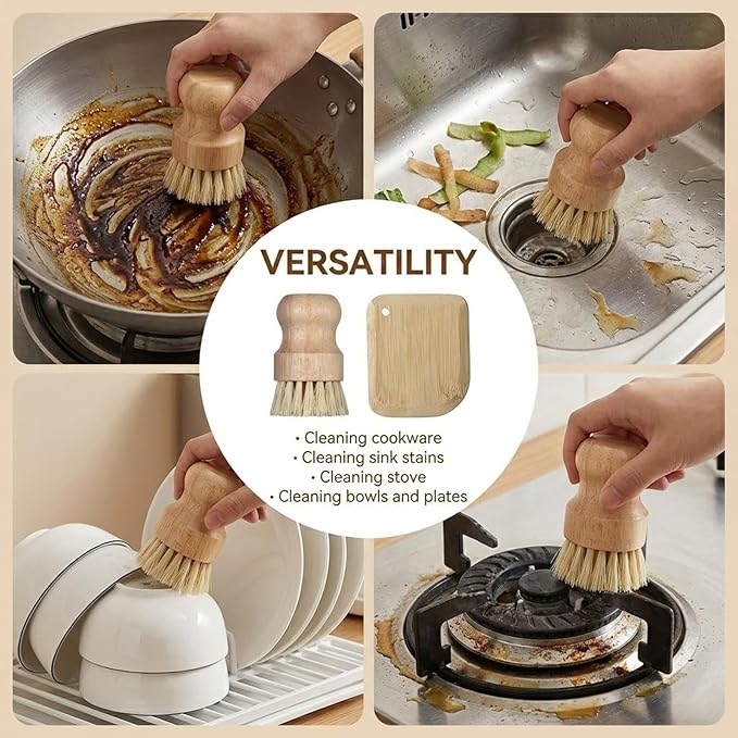 2 Pack Bamboo Dish Scrub Brush with Bamboo Pan Scraper Pot Scraper Non-Scratch Dish Scrapers Kitchen Cleaning Tools for Cast Iron Skillets, Cookware, Dishes, Pans Bowls, Plates and Pots