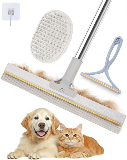 Carpet Rake for Pet Hair Removal, Reusable Pet Hair Remover Tool with 54 Inch Adjustable Long Handle, 3 Piece Carpet Scraper Set with Pet Bath Brush for Rugs, Couch, Furniture and Stairs