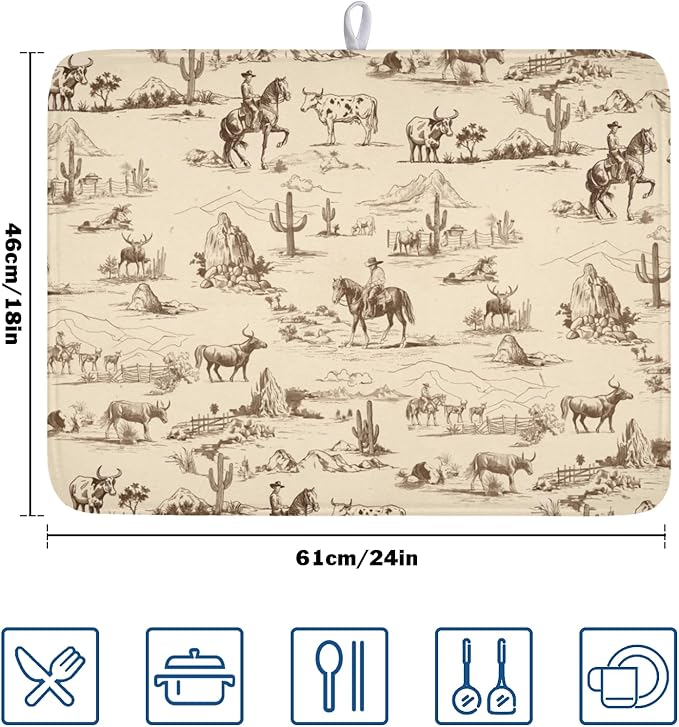 Cowboy Dish Drying Mat 24x18 Inch, West Drying Mat with Absorbent Reversible Microfiber, Cactus Dish Drainer Mats Summer Western Rack Pad for Coffee Countertop Kitchen Protector