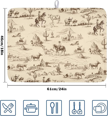 Cowboy Dish Drying Mat 24x18 Inch, West Drying Mat with Absorbent Reversible Microfiber, Cactus Dish Drainer Mats Summer Western Rack Pad for Coffee Countertop Kitchen Protector