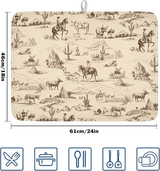 Cowboy Dish Drying Mat 24x18 Inch, West Drying Mat with Absorbent Reversible Microfiber, Cactus Dish Drainer Mats Summer Western Rack Pad for Coffee Countertop Kitchen Protector