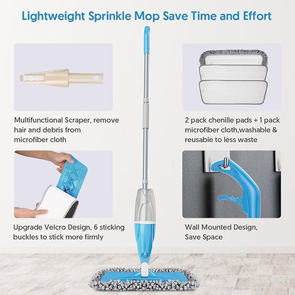 Spray Wet Mops for Floors Cleaning - EXEGO Floor Flat Mops Refillable with 3 Washable Pads for Swiffer Powermop - Commercial Dust Dry Mop for Hardwood Laminate Ceramic Tile Wood Vinyl