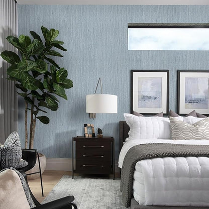Timeet Peel and Stick Wallpaper Grasscloth Textured Contact Paper 15.74"" x393.7 Faux Linen Self-Adhesive Removable Wallpaper for Walls Furniture, Blue