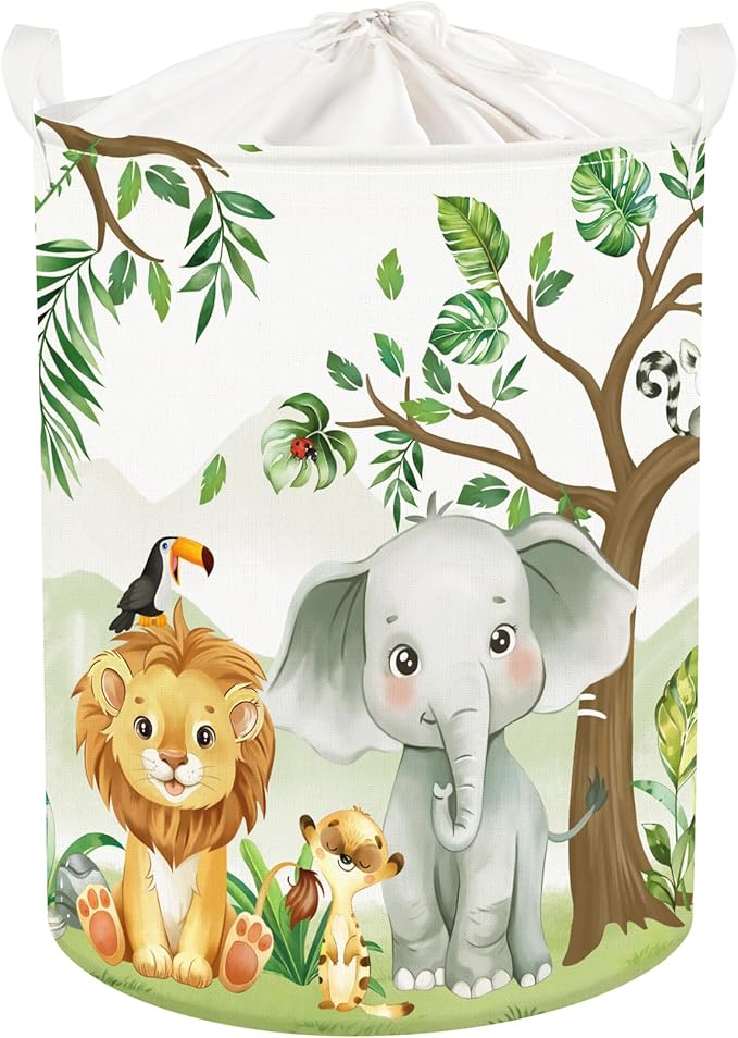 Forest Animals Laundry Hamper Woodland Tree Large Storage Basket Parents Organizer Kids Clothes Toy Bins for Bedroom, Bathroom, Elephant, 63L