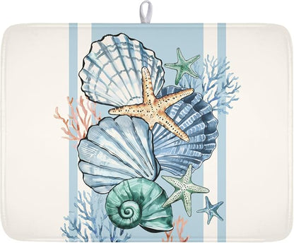 Summer Sea Shell Drying Mat 24x18 Inch, Starfish Drying Mat with Absorbent Reversible Microfiber, Coastal Dish Drainer Mats Holiday Ocean Rack Pad for Coffee Countertop Kitchen Protector