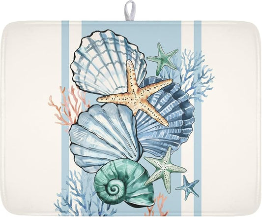 Summer Sea Shell Drying Mat 24x18 Inch, Starfish Drying Mat with Absorbent Reversible Microfiber, Coastal Dish Drainer Mats Holiday Ocean Rack Pad for Coffee Countertop Kitchen Protector
