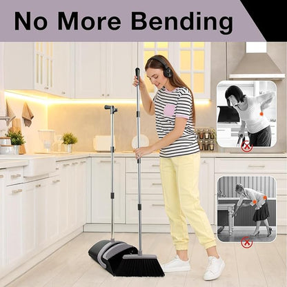 Broom and Dustpan Set, Long Handle Lightweight Dustpans with Broom Combo for Home, Indoor&Outdoor Sweeping for Home Room Kitchen Office Lobby (Charcoal)