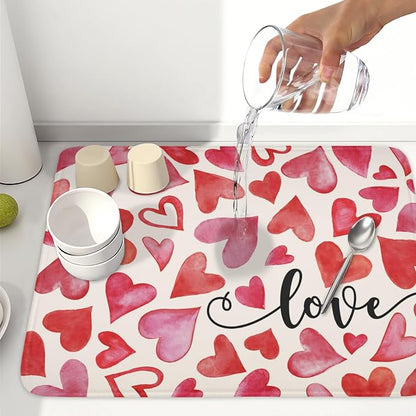 Valentine's Day Dish Drying Mat 18 x 24 Inch Heart Shaped Dish Drying Pad Absorbent Microfiber Mats for Red and Pink Dish Rack Pad for Kitchen Counter Coffee Bar Decor
