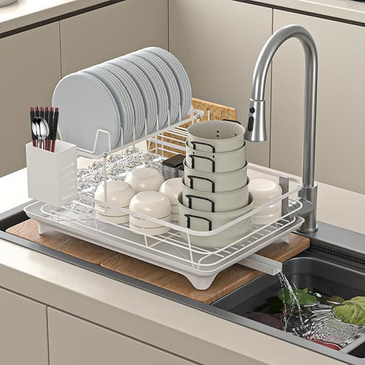 Dish Drying Rack,2-Tier Rustproof Steel Kitchen Organizer with Drainboard & Utensil Holder, Large Capacity Dish Drainer Organizer for Bowls/Cups/Bottles (MS-A-356-2)