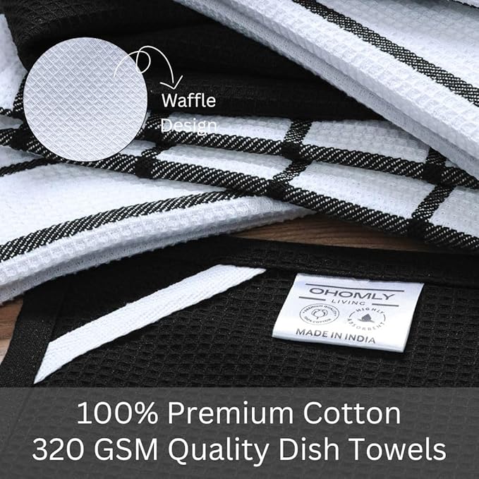 Assorted Waffle Kitchen Towels 100% Cotton Set of 6 - Heavy Duty 320 GSM Quality Dish Cloths - Soft Absorbent Washable for Kitchen Use - Quick Drying Dish Towel 16x26 inch Black