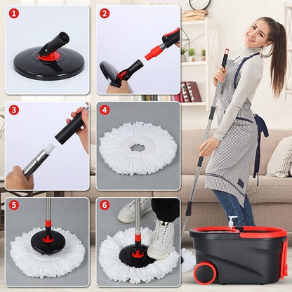 Mop and Bucket Set, 360° Spin Mop and Bucket with Wringer Set and 3 Microfiber Mop Refills, Stainless Steel 61'' Extended Handle Spinning Mop Bucket System for Floor Cleaning