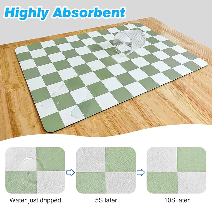 CooRug Checkered Dish Drying Mat for Kitchen Counter, Absorbent Non-Slip Coffee Mat, Heat Resistant Mat for Countertops Coffee Bar Decor 16" x 24" Green