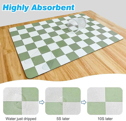 CooRug Checkered Dish Drying Mat for Kitchen Counter, Absorbent Non-Slip Coffee Mat, Heat Resistant Mat for Countertops Coffee Bar Decor 12" x 20" Green