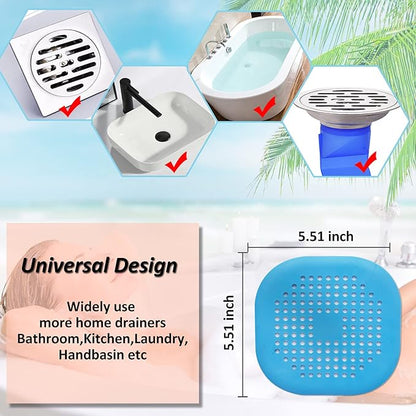 Hair Drain Catcher,Square Drain Cover for Shower Silicone Hair Stopper with Suction Cup,Easy to Install Suit for Bathroom,Bathtub,Kitchen 2 Pack (Blue)