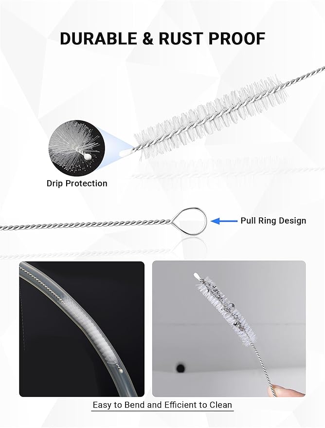 Flexible Long Drain Brush Tool with Large Double Elastic Nylon Ends, Stainless Steel Tube Cleaner Brush for Kitchen, Sink, Drain Pipe, and Long Pipe Cleaning, 2 Straw Cleaning Brushes