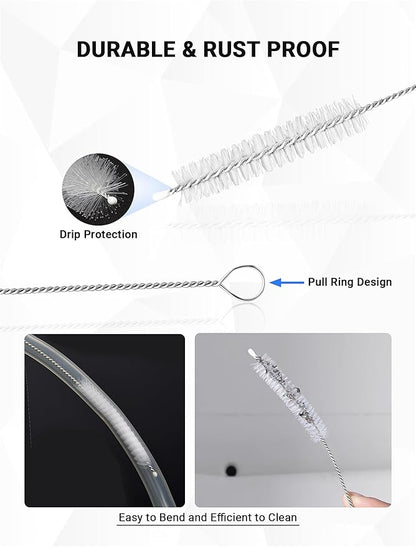 Flexible Long Drain Brush Tool with Large Double Elastic Nylon Ends, Stainless Steel Tube Cleaner Brush for Kitchen, Sink, Drain Pipe, and Long Pipe Cleaning, 2 Straw Cleaning Brushes