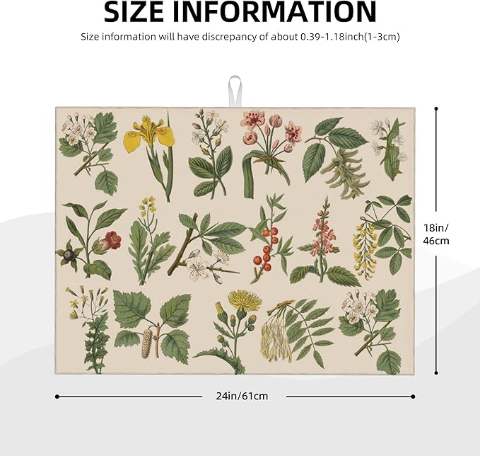 Plants Herbs Floral Dish Drying Mats for Kitchen Counter, Absorbent Reversible Microfiber Dish Drying Pad, Multi-Use Large Drying Mat Coffee Bar Accessories 18"x24"