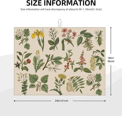 Plants Herbs Floral Dish Drying Mats for Kitchen Counter, Absorbent Reversible Microfiber Dish Drying Pad, Multi-Use Large Drying Mat Coffee Bar Accessories 18"x24"