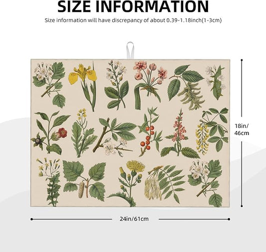 Plants Herbs Floral Dish Drying Mats for Kitchen Counter, Absorbent Reversible Microfiber Dish Drying Pad, Multi-Use Large Drying Mat Coffee Bar Accessories 18"x24"