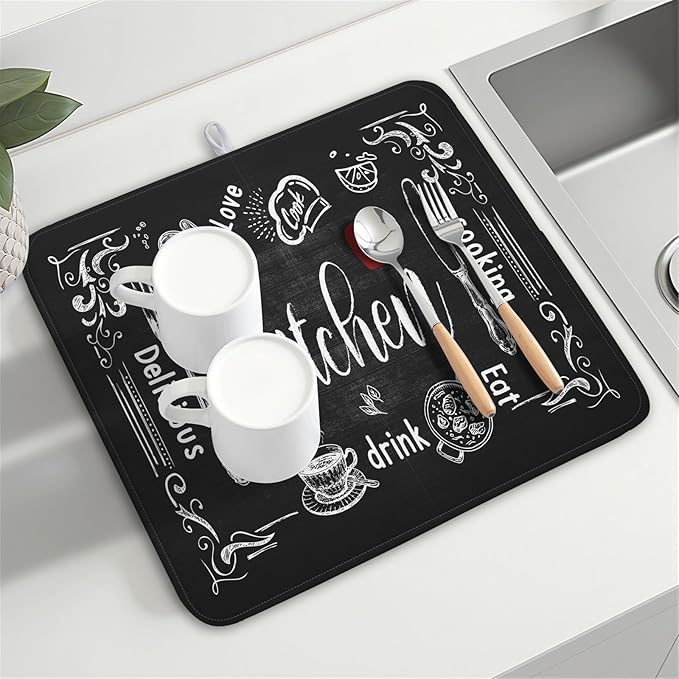Dish Drying Mats for Kitchen Counter 16 x 18 Inch, Kitchen Drying Mat,Black Coffee Bar Dishes Pad Dish Drainer Rack Mats Absorbent Fast Dry Kitchen Accessories