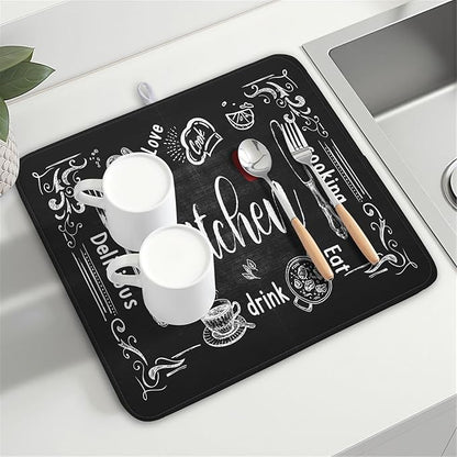 Dish Drying Mats for Kitchen Counter 16 x 18 Inch, Kitchen Drying Mat,Black Coffee Bar Dishes Pad Dish Drainer Rack Mats Absorbent Fast Dry Kitchen Accessories