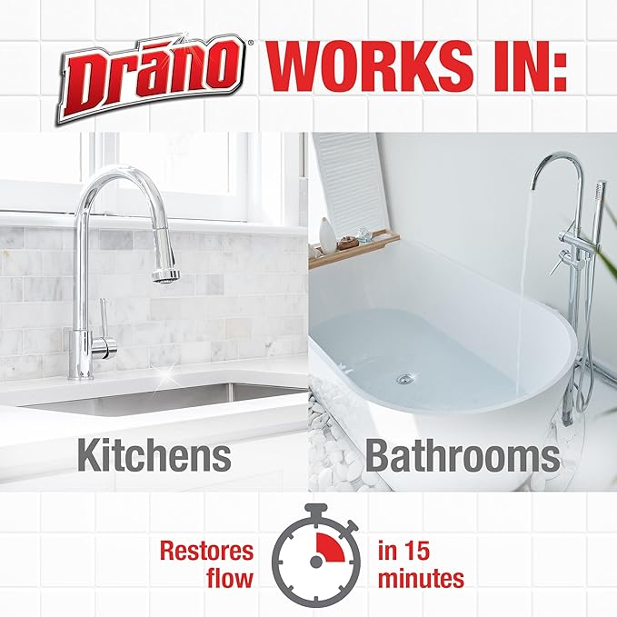 Drano Max Gel Drain Clog Remover & Cleaner, Fast-Acting to Unclog Standing Water & Remove Hair, Grease & Food Blockages, Safe for all Pipes & Septic, Kitchen Sinks, Bathroom Showers & Tubs, 80 Oz