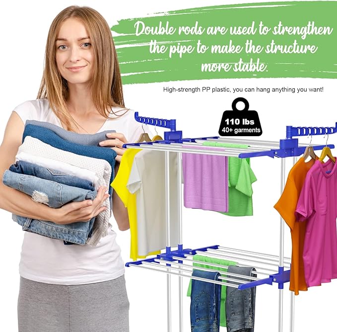 Clothes Drying Rack with Wheels, Multifunctional, 4 Levels, Foldable Stand, Space Saving with Wings Laundry Tower for Indoor and Outdoor Use (Blue White)