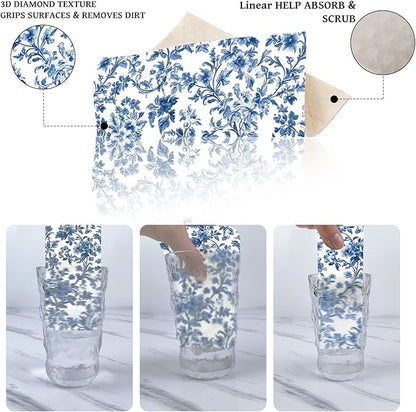 Blue Floral Swedish Dishcloths for Kitchen, 6 PCS Blue White Flower Reusable Dish Cloth, Absorbent Sponge Dish Towels for Kitchen Cooking Farmhouse Home Decoration Housewarming Gifts
