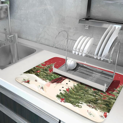 Christmas Snowman Dish Drying Mat for Kitchen Counter 18x24 Inch Watercolor Xmas Tree Bird Print Absorbent Reversible Microfiber Drying Mats Kitchen Countertop Protector Dishes Drainer Rack Pad