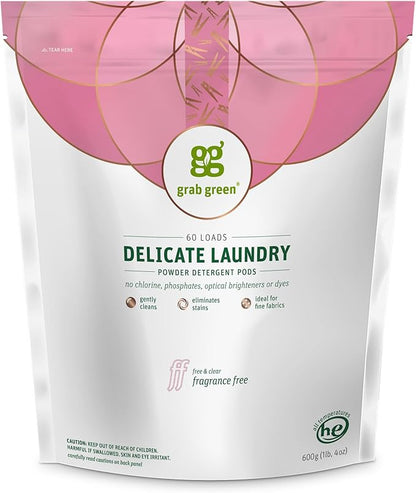 Grab Green Delicate Laundry Detergent Pods, 60 Count, Fragrance Free, Plant and Mineral Based, Gently Cleans, Eliminates Stains, Ideal for Fine Fabrics, Packaging may vary