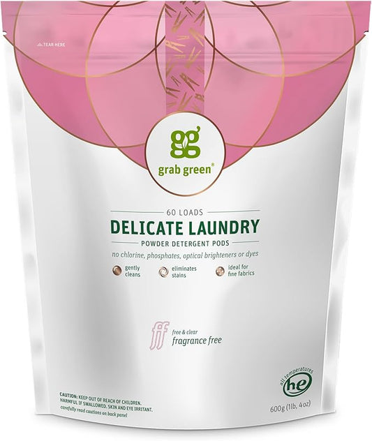 Grab Green Delicate Laundry Detergent Pods, 60 Count, Fragrance Free, Plant and Mineral Based, Gently Cleans, Eliminates Stains, Ideal for Fine Fabrics, Packaging may vary