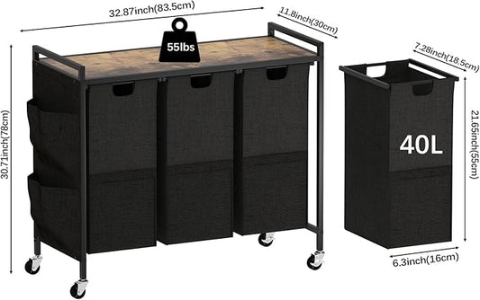 Laundry Hamper, Laundry Basket, Laundry Sorter with Top Shelf & 3 Removable Washable Bags & Side Pockets for Laundry Room organization, Bathroom and Dorm, Rustic Brown and Black