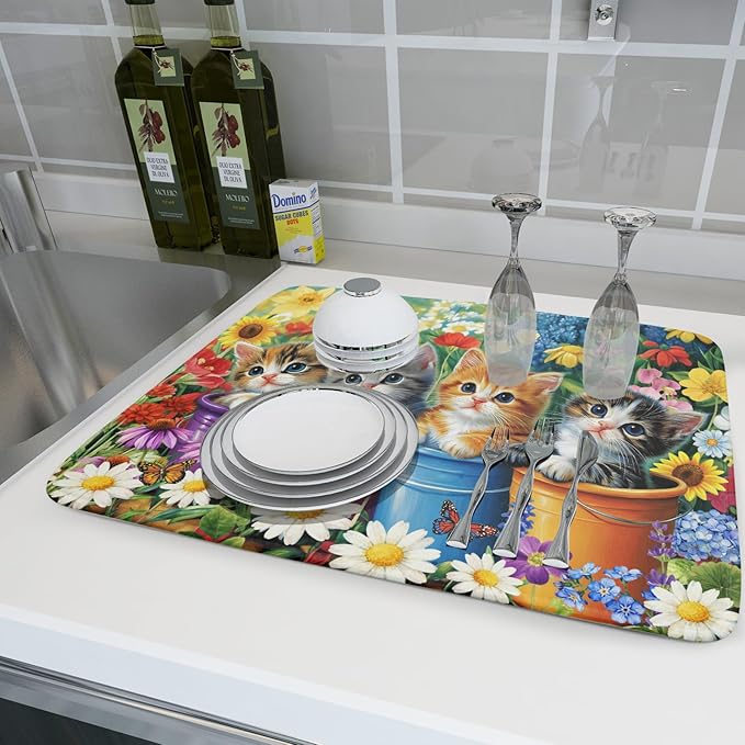 Lovely Cat Drying Mat for Kitchen Counter Colorful Flower Absorbent Coffee Bar Mat 18 X 24