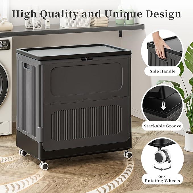 HAIXIN HOME 130L Rolling Laundry Hamper with Lid, Large Plastic Laundry Basket for College Dorm, Foldable Stackable Dirty Clothes Hamper Organizer for Industry, Bedroom, Living Room, Bathroom - Black