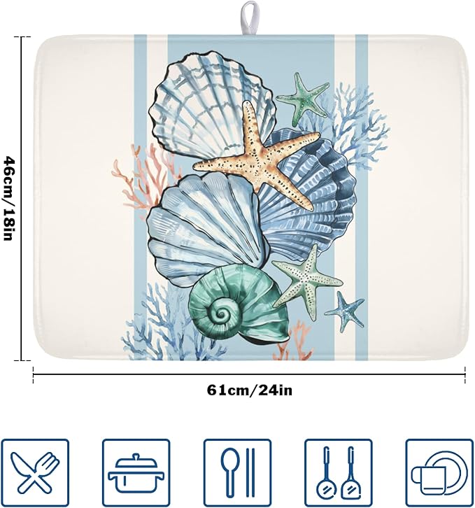 Summer Sea Shell Drying Mat 24x18 Inch, Starfish Drying Mat with Absorbent Reversible Microfiber, Coastal Dish Drainer Mats Holiday Ocean Rack Pad for Coffee Countertop Kitchen Protector