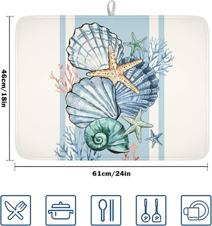 Summer Sea Shell Drying Mat 24x18 Inch, Starfish Drying Mat with Absorbent Reversible Microfiber, Coastal Dish Drainer Mats Holiday Ocean Rack Pad for Coffee Countertop Kitchen Protector