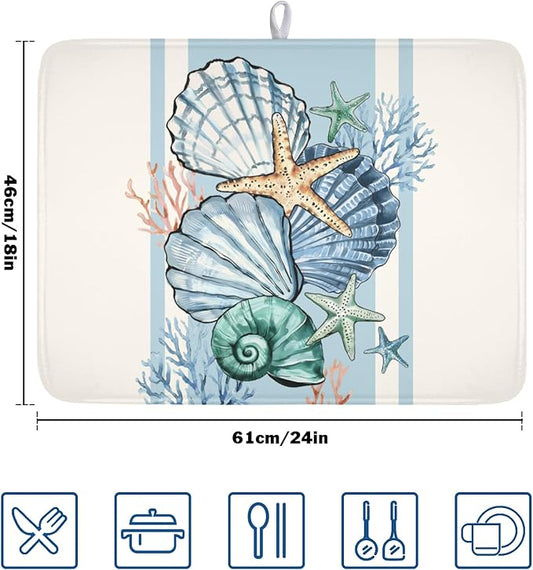Summer Sea Shell Drying Mat 24x18 Inch, Starfish Drying Mat with Absorbent Reversible Microfiber, Coastal Dish Drainer Mats Holiday Ocean Rack Pad for Coffee Countertop Kitchen Protector