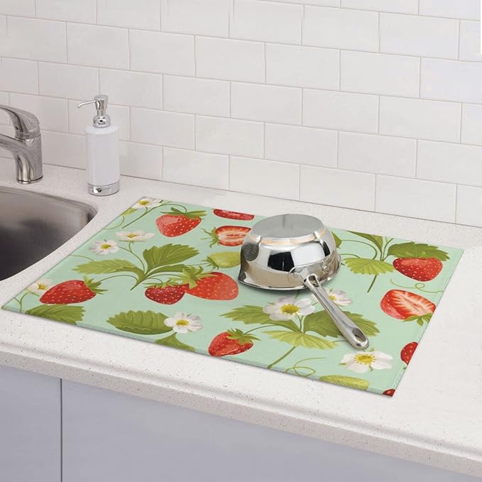 Large Dish Drying Mats For Kitchen Counter Microfiber Kitchen Drying Mat XL Draining Pad Absorbent Quick Drying Dish Mat 18x24 Inch - Strawberry