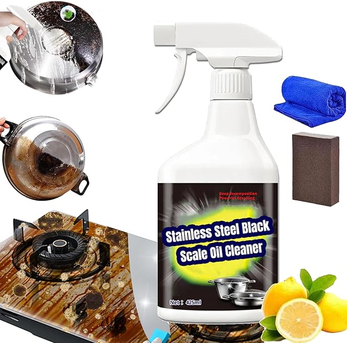 Stainless Steel Black Scale Oil Cleaner - Stainless Steel Pot and Pan and Sink Cleaner, Powerful Grease Remover, MultiPurpose Cleaner Spray for Cleaning Stoves, Pots, Pans, Hoods (1, 1 set)