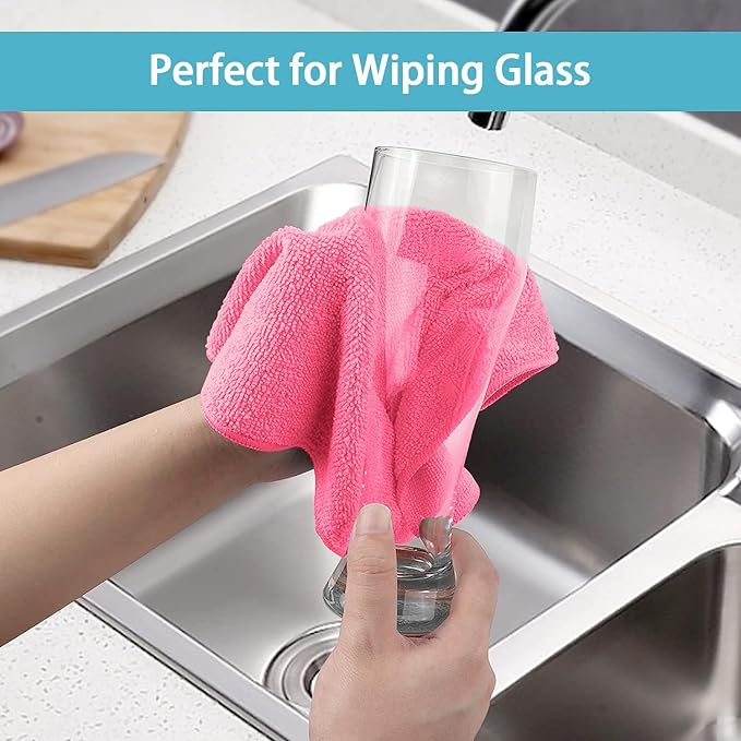 HOMEXCEL Pink Microfiber Cleaning Cloth, 8 Pack Cleaning Towels for Kitchen, Lint Free, Scratch-Free, Highly Absorbent, and Reusable Cleaning Rags for House, Window and Glass, Cars, 11.5 X11.5 inch