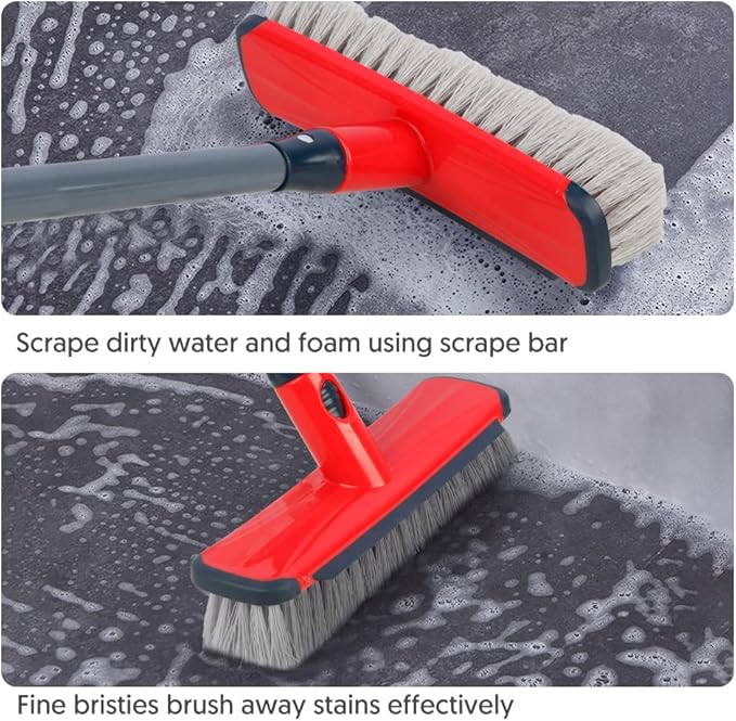 Floor Scrubber with Long Handle, 2 in 1 Scrubbing Brush Stiff Bristle Shower Cleaning Brush for Bathroom, Kitchen, Tub, Carpet, Grout, Tile(Red)